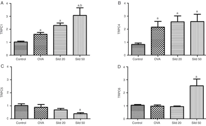 Figure 6. Relative expression of TRPC genes. The expression of the TRPC1, TRPC4, TRPC5, and TRPC6 genes was evaluated in  samples of paries membranaceus of the rat trachea obtained from control and ovalbumin (OVA)-challenged animals that were treated  or n