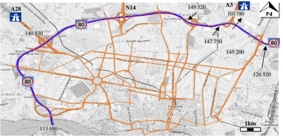 Fig. 1 Studied Study Domain with the identification of the urban freeway (blue). Background Map Source [Open Street Maps]