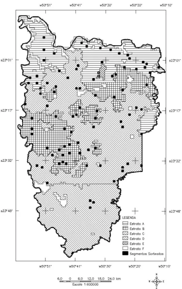 Figura 3. Estratos de uso do solo na região de estudo e localização dos segmentos amostrados.