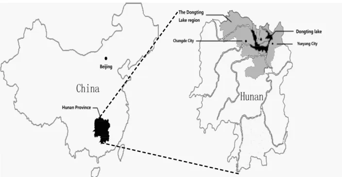Figure  1.  Map  showing  the  relative  locations  of  Hunan  Province,  the  Dongting  Lake  region,  Changde  City,  and  Yueyang  City  in  China.