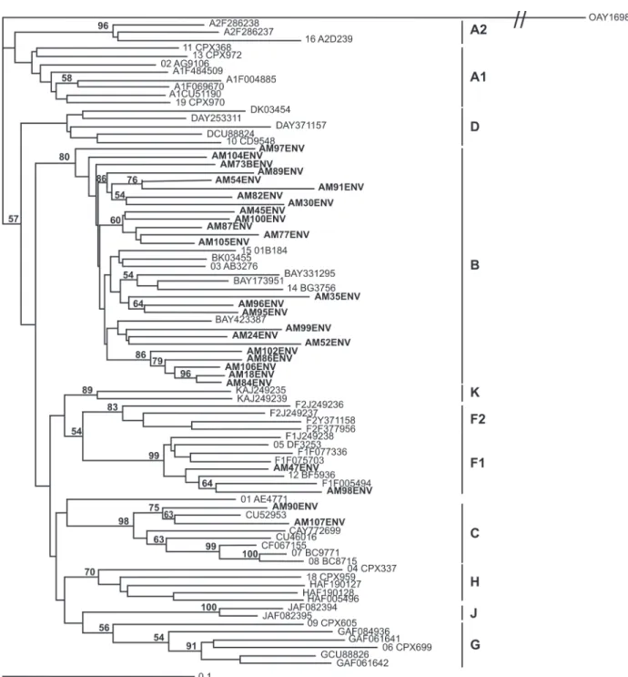 Figure 3. Rooted NJ tree of 28 HIV-1 strains based upon a 498-bp fragment of the env region