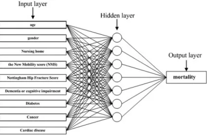 Figure 2. Schematic representation showing the structure of the artificial neural network models, which have 8 input nodes, 6 nodes in hidden layer, and 1 output node, which represents  1-year mortality in elderly patients with  intertro-chanteric fracture