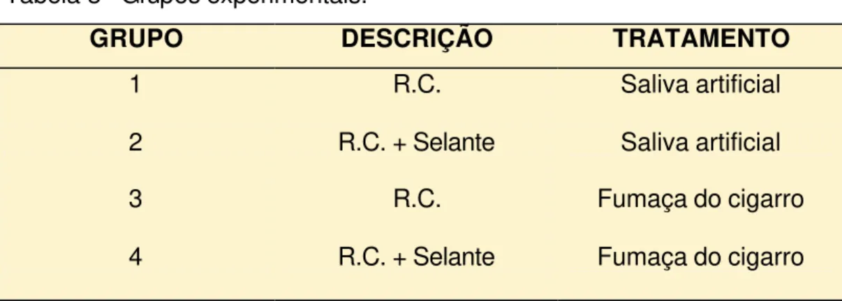 Tabela 3 - Grupos experimentais. 
