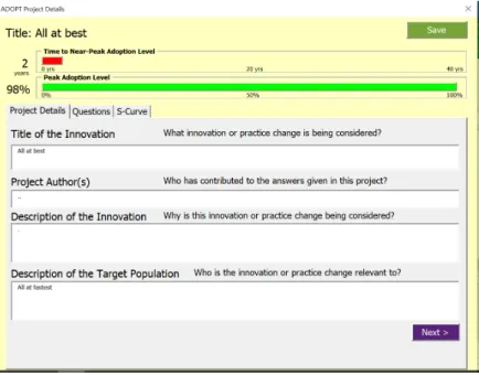 Figure 15. General information of the project and results displayed in the ADOPT tool (CSIRO, 2017b)