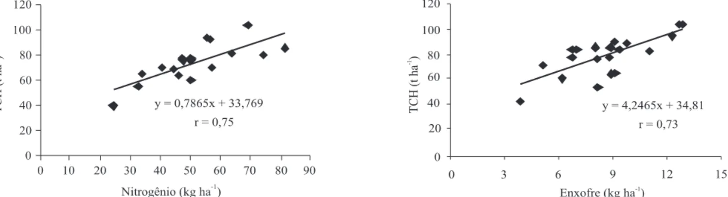 Figura 1. Correlação entre a produção de colmos por hectare (TCH) da 3 a  soca (safra 2000/2001) e a quantidade total de nitrogênio e enxofre presente no sistema radicular (raízes e rizomas) depois da colheita da 2 a  soca na safra 1999/2000.