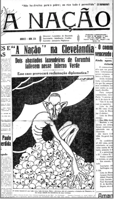 Figura 4 – Charge assinada por “Alvarus”, publicada na capa do jornal A Nação, edição de 12 de  janeiro de 1927