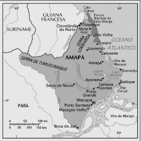 Figura 1 – Mapa do estado do Amapá, com a localização do município do Oiapoque e o distrito de  Clevelândia do Norte na fronteira com a Guiana Francesa