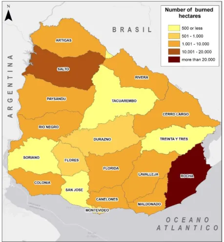 Figure 13: Number of hectares affected by forest fires per department between 1983 and 2013 