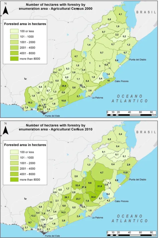 Figure 18: Artificial Forestry Maps by 2000 and 2010 enumeration areas  Own design. Source: Livestock Breeding and Agriculture Census, MGAP 