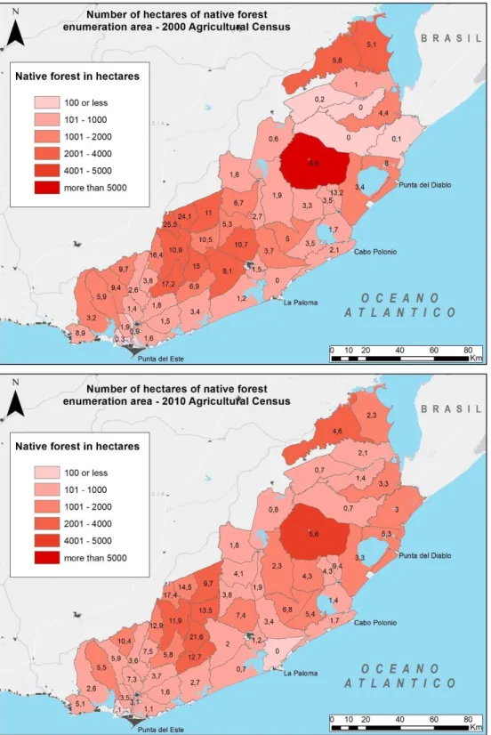 Figure 20: Native forest Maps by enumeration area – years 2000 and 2010   Own design. Source: Livestock breeding and agriculture Census, MGAP 