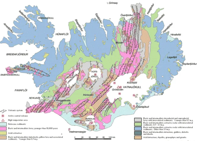 Figura 3.05 – Mapa Geológico da Islândia 3 , pondo em evidência os sistemas vulcânicos existentes,  bem como os derrames de lava.