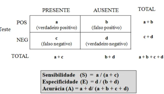Figura 7. Esquema do cálculo da exatidão (acurácia), sensibilidade e especificidade. 