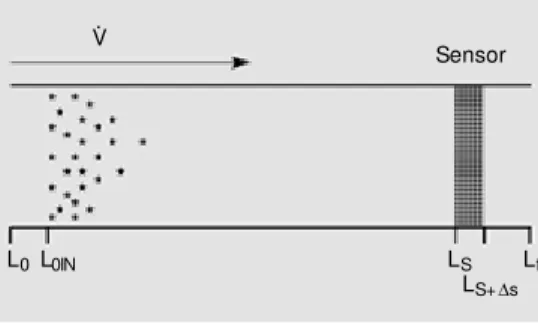 Figure 1 - Schematic view  of an open-respirometry system. The input takes place at L 0IN , and the gas particles (represented by  as-terisks) travel from this point to the end of the system, L f , under a convective flow  V.