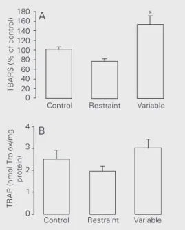 Figure 1. Effect of exposure to two different models of chronic stress on TBARS (A) and TRAP (B) levels in rat lungs