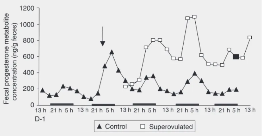 Figure 2. Changes in mean fecal progesterone metabolite concentration during the 4-day estrous cycle of two groups of adult female hamsters