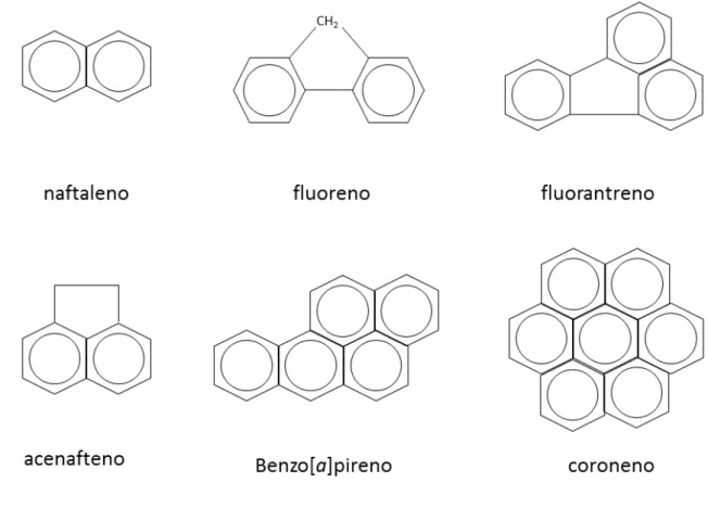 Figura 1. Estrutura de alguns dos hidrocarbonetos aromáticos policíclicos (HPAs) mais  abundantes no ambiente