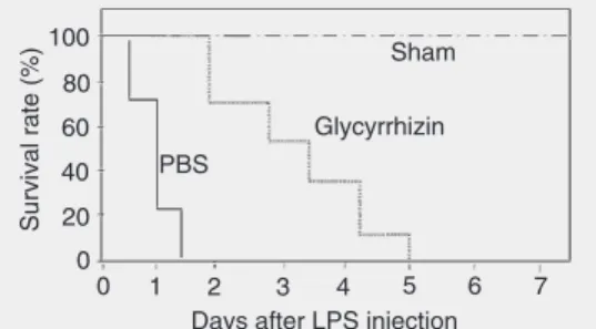 Figure 2. Effect of glycyrrhizin on rat survival. A total of 30 rats were randomly assigned to three groups: glycyrrhizin, saline and sham