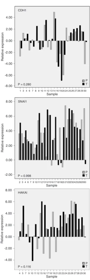Figure 2. CDH1, SNAI1, and HAKAI mRNA expression in epithelial  cells isolated from the primary tumor site and its normal adjacent  tis-sue