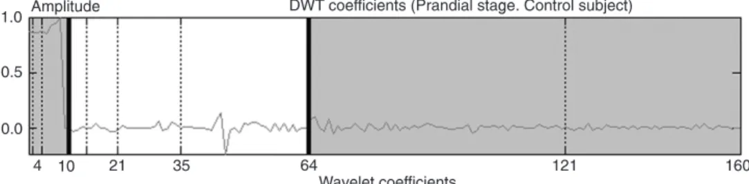Figure 2. Remaining coefficients after the elimination of the first lower band and the two higher bands (shaded regions) that do not  carry information