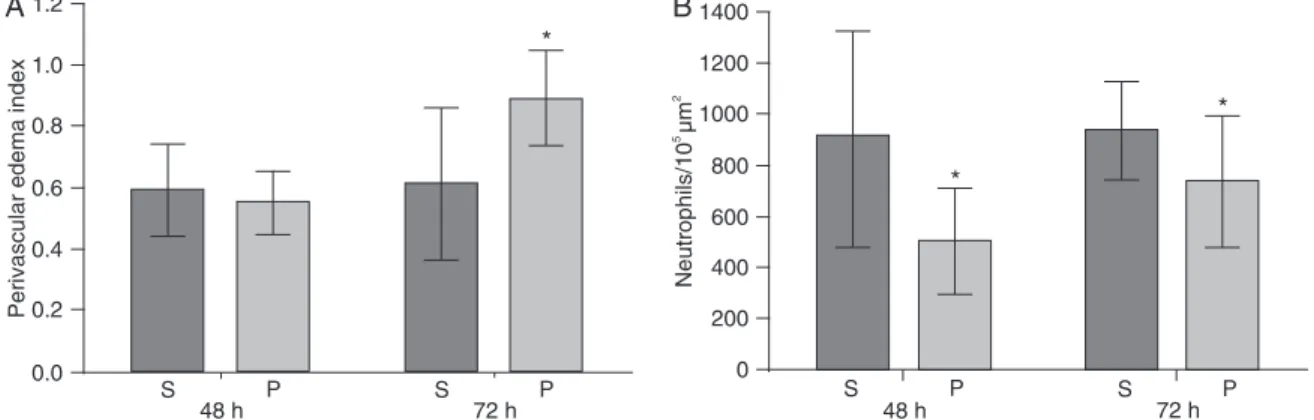 Figure 3. A, Pulmonary edema index graph showing edema formation in rats submitted to pneumonectomy and sacrificed 72 h after  surgery