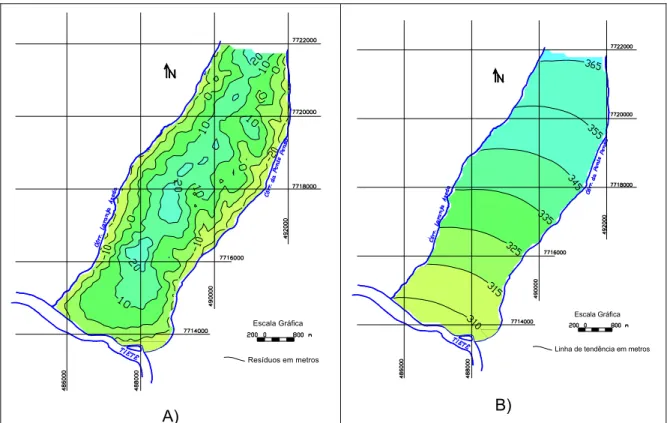 Figura 31 – A) Mapa de resíduos e B) da superfície de tendência, polinômio de grau 2, dos  dados de topografia