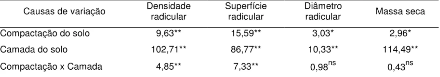 Tabela 03. Valores de F calculados pela análise de variância para a densidade do comprimento radicular,  superfície  radicular,  diâmetro  médio  radicular  e  massa  seca  das  raízes  nas  diferentes  intensidades de compactação e camadas do Latossolo Ve