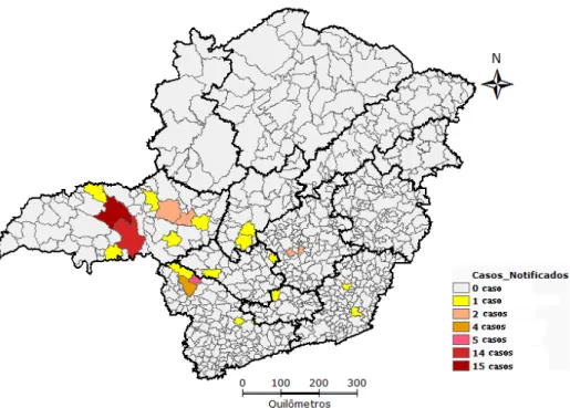 Figura 2. Municípios de Minas Gerais com casos notificados da Síndrome Cardiopulmonar por  Hantavírus, 1998 a 2002
