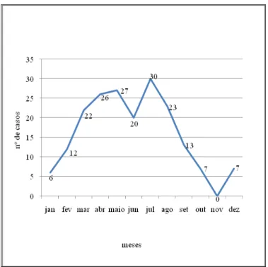 Figura  8.  Casos  confirmados  da  Síndrome  Cardiopulmonar  por  Hantavírus  em  Minas  Gerais,  segundo o mês do início dos sintomas, 1998 a 2007