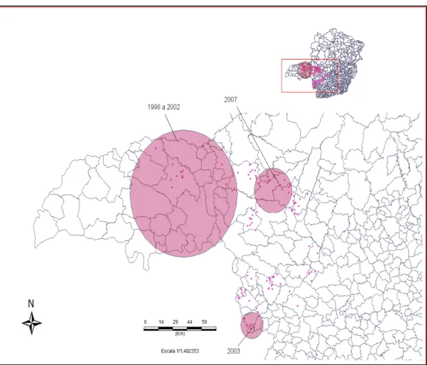 Figura  10.  Conglomerado  de  LPI  dos  casos  confirmados  da  Síndrome  Cardiopulmonar  por  Hantavírus, Minas Gerais, 1998 a 2007