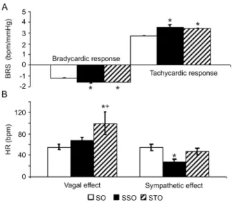 Figure 2. Baroreflex sensitivy (BRS) evaluated by bradycardic and tachycardic responses to blood pressure changes (A) and autonomic control of heart rate (HR) reflected in vagal and sympathetic effects (B) in sedentary ovariectomized rats (SO), sedentary o