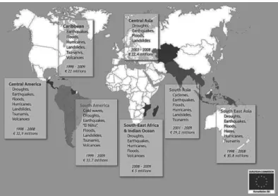 Figura 42 -Regiões que beneficiam da ajuda humanitária da ECHO e os princi- princi-pais riscos que as afectam.