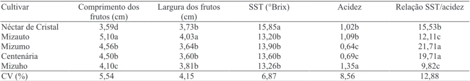 Tabela 4. Comprimento e largura média de frutos, sólidos solúveis totais (SST), acidez e relação SST/acidez, de cinco cultivares de nespereira cultivadas em Jundiaí, SP (1) .