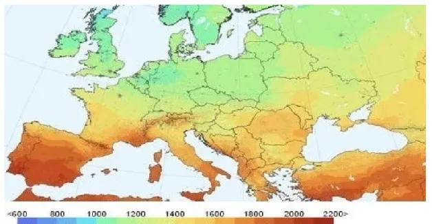 Figura 1-2: Número médio anual de horas de Sol na Europa [http#9]. 