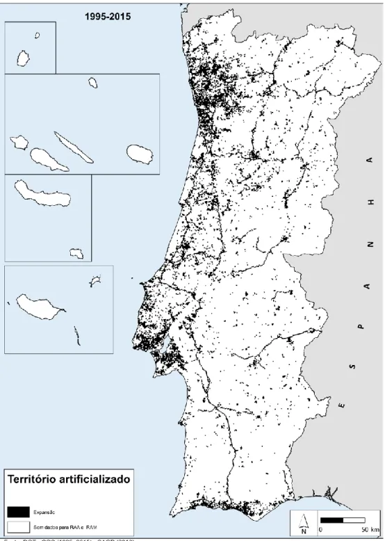 Figura 3: Expansão do território artificializado (1995-2015). Fonte (DGT, 2018) 