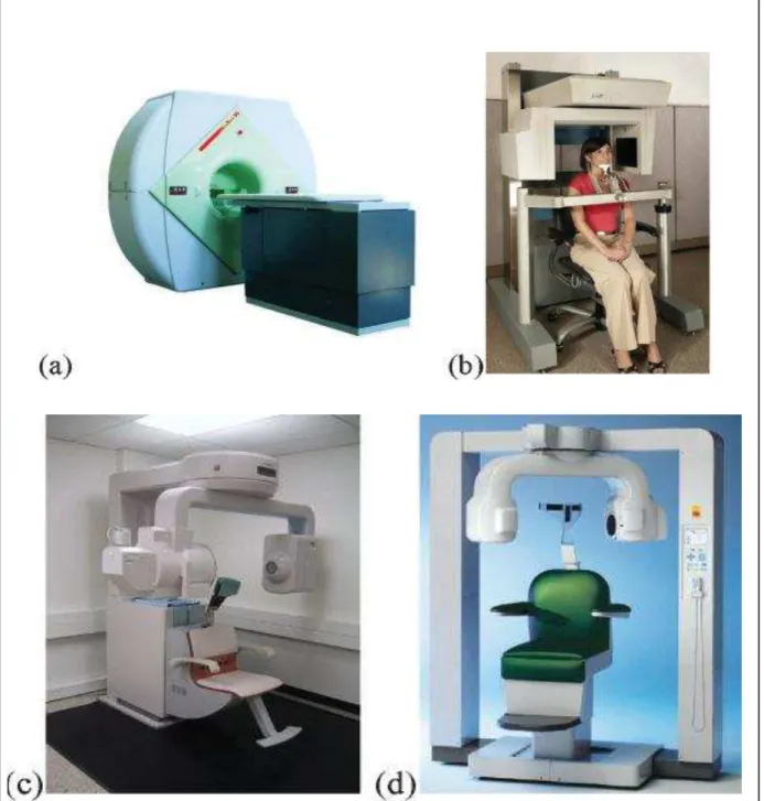 FIGURA  3  -  Aparelhos  de  tomografia  computadorizada  cone  beam:  (a)  NewTom  3G  (Quantitative  Radiology,  Verona,  Itália),  (b)  i-CAT  (Imaging  Sciencies  International, Hatfield, EUA), (c) CB  MercuRay (Hitachi Medical Corporation,  Kyoto, Jap