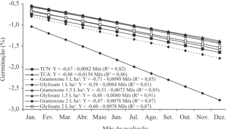 Figura 2. Regressão da variável germinação (dados linearizados), para cada tratamento, de acordo com o mês de armazenamento no ano de 2004 (amostras colhidas em 2003).