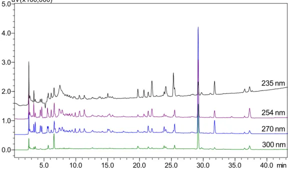 Figura 21 – Cromatogramas, em diferentes Ȝ, da biotransformação do ác. gálico por S. commune