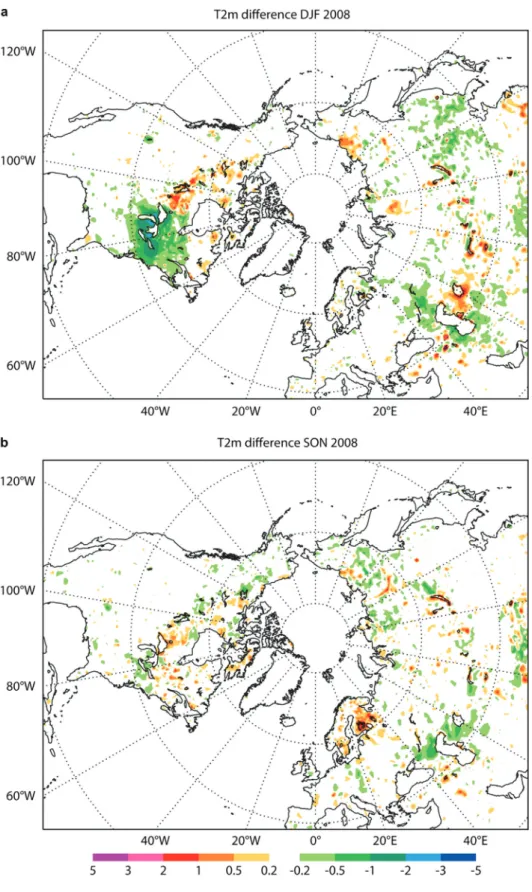 Fig. 7. Sensitivity of 48-hour T2m forecasts (valid at 00 UTC) for LAKE compared with NOLAKE for (a) winter (DJF) and (b) autumn (SON)