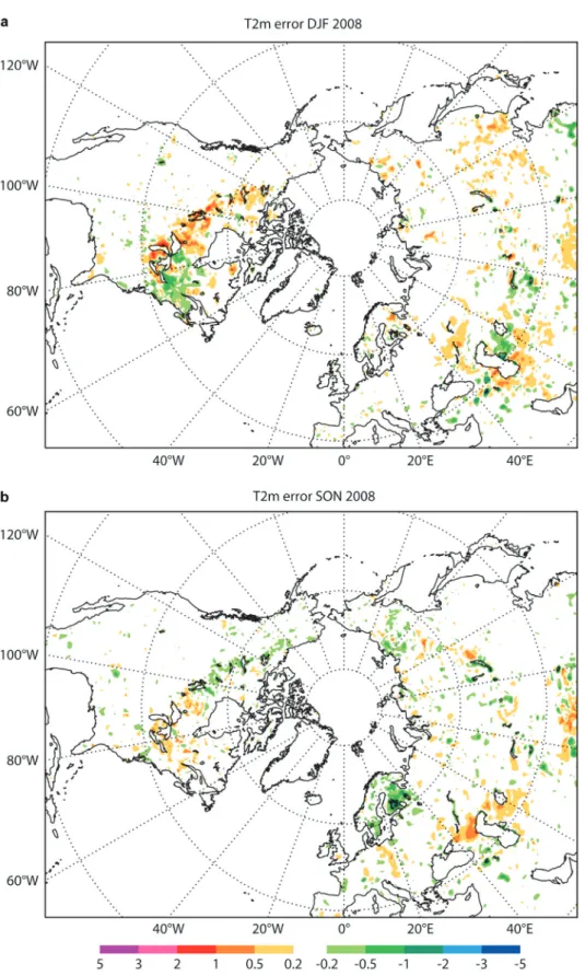 Fig. 9. Impact of 48-hour T2m forecasts (valid at 00 UTC) for LAKE compared with NOLAKE, veriﬁed against the ECMWF T2m analysis: Mean Absolute Error difference for (a) winter (DJF) and (b) autumn (SON)