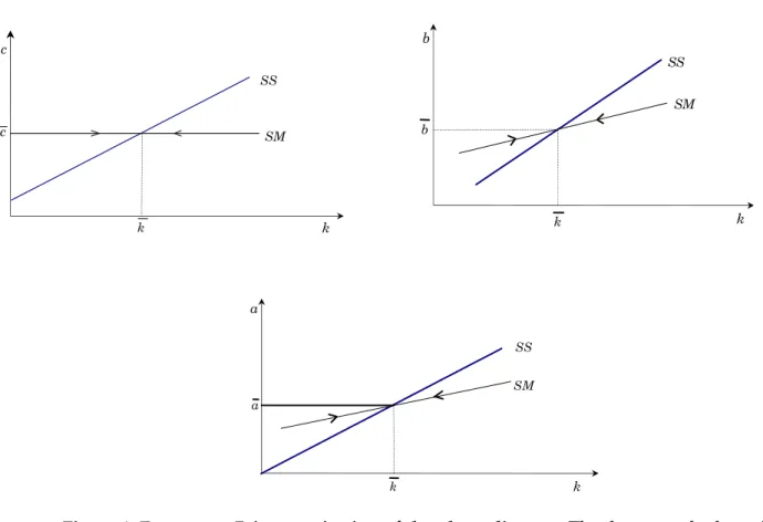 Figure 1: Exogenous Prices: projection of the phase diagram. The three panels show the  two-dimensional projections of the Steady-State Manifold (SS) and of the Stable  Manifold (SM),in the neighborhood of an equilibrium point ( c ,b ,k , a )