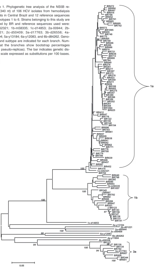 Figure 1. Phylogenetic tree analysis of the NS5B re- re-gion (340 nt) of 106 HCV isolates from hemodialysis patients in Central Brazil and 12 reference sequences of genotypes 1 to 6