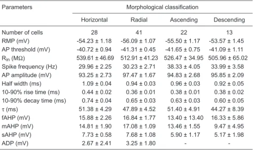 Table 2. Summary of electrophysiological parameters in relation to spatial distribution