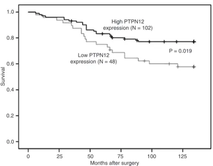Figure 3. Correlation between protein tyrosine phosphatase non-receptor type  12  (PTPN12) expression and cumulative survival rate in breast cancer patients,  as determined by the Kaplan-Meier method