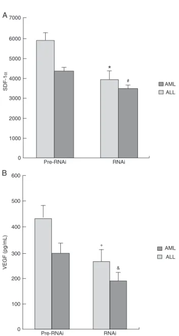 Figure 4 . The stromal cells in the RNAi group expressed a lower  level of the hypoxia-inducible factor-1α (HIF-1α) protein (average  gray value = 0.336 ± 0.053) than in the pre-RNAi group (average  gray value = 0.845 ± 0.084; P < 0.05) and the neg-RNAi