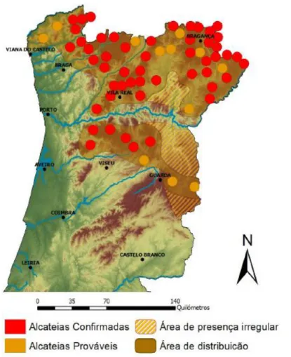 Figura 2 - Distribuição das alcateias existentes em Portugal (Fonte: Pimenta et al., 2005)