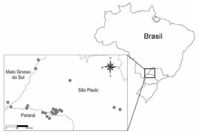 Figura 1. Localização geográfica dos 25 plantios de restauração estudados nos estados de São  Paulo, Mato Grosso do Sul e Paraná
