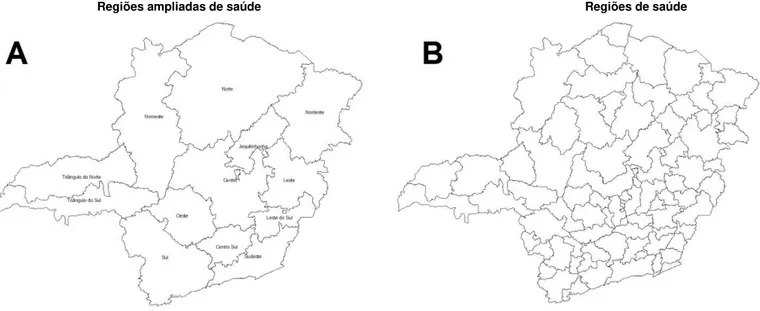 FIGURA  1  -  Regiões  ampliadas  e  regiões  de  saúde  conforme  Plano  Diretor  de  Regionalização  do  SUS-MG