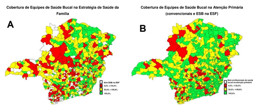 FIGURA 5  – Distribuição espacial da cobertura de equipes de saúde bucal na ESF e das equipes de  saúde bucal na Atenção Primária