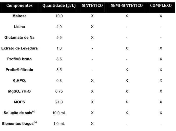 Tabela 4 - Composição dos meios de inóculo.  