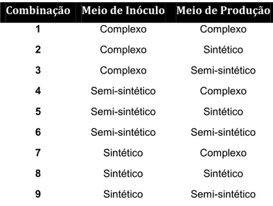 Tabela 7- Combinação entre os meios de inóculo e produção. 